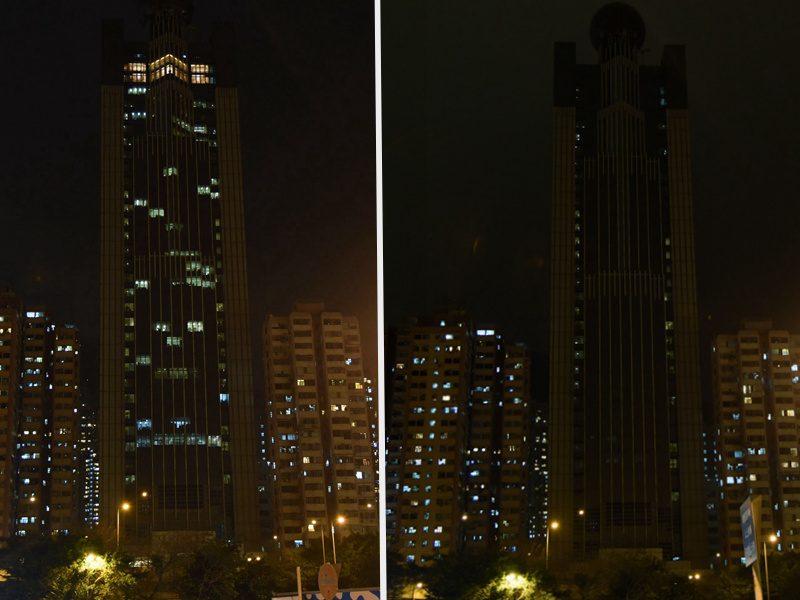  左图为2017年3月22日晚8时拍摄的中联办大楼，右图为2017年3月25日晚9时拍摄的中联办大楼。(图片来源：中央政府驻港联络办)