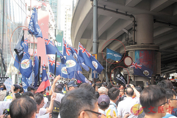�反對派發起的「七一遊行」中，「港獨」組織揮舞多支「香港獨立」旗幟，途中紅圈所示皆為「本土工作室」出品。