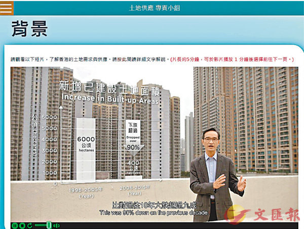 ■網頁會要求市民觀看短片，了解香港的土地需求與供應情況，才可選擇前往下一頁。