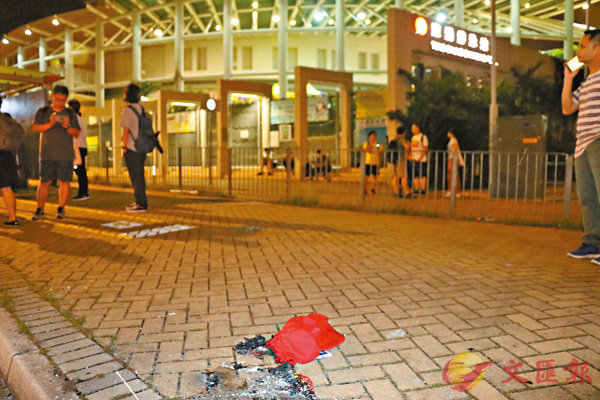 ■ 暴徒在東涌泳池外焚燒國旗。 香港文匯報記者  攝