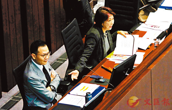 ■蔣麗芸搶佔主席位置，表達對郭榮鏗協助其他反對派議員拉布的不滿。香港文匯報記者  攝